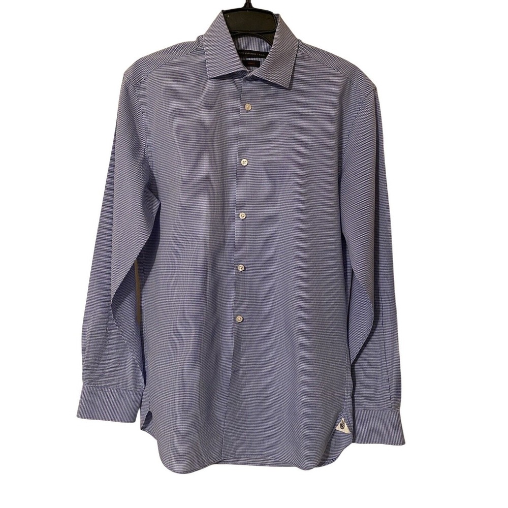 John Varvatos Button Down Shirt 14 1/2 32/33 Blue White Tiny Stripes Cotton‎
